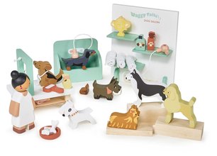 Salon pentru câini din lemn Waggy Tails Dog Salon Tender Leaf Toys cu 7 figurine de câini de la 3 ani