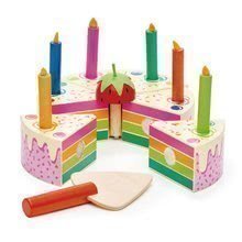 Tort din lemn cu căpșună Rainbow Birthday Cake Tender Leaf Toys 6 felii cu 6 lumânări