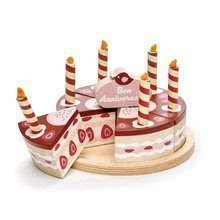 Tort de ciocolată din lemn Chocolate Birthday Cake Tender Leaf Toys 6 felii cu 6 lumânări pe farfurie