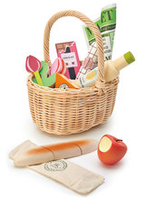 Dřevěný košík s tulipány Wicker Shopping Basket Tender Leaf Toys s čokoládou limonádou sýrem a jinými potravinami