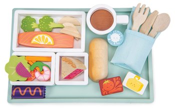 Tavă din lemn cu gustări pentru avion Airline Meal Tray Tender Leaf Toys 3 tipuri de mâncare cu tacâmuri și pașaport de la 3 ani