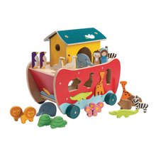 Arca lui Noe din lemn Noah's Shape Sorter Ark Tender Leaf Toys cu 23 de bucăți figurine dezasamblabilă de la 18 luni