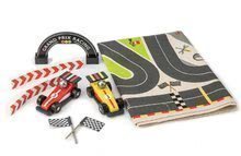 Dřevěná závodní auta Formula One Racing Playmat Tender Leaf Toys na plátěné dráze a s doplňky