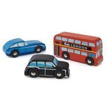 Dřevěná městská auta London Car Set Tender Leaf Toys London bus, vintage Jaguar, London taxi