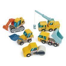Drevené pracovné autá Construction Site Tender Leaf Toys valec, bager, nákladné auto, nakladač a žeriav