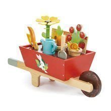 Dřevěné kolečko se zahradním nářadím Garden Wheelbarrow Tender Leaf Toys 13dílná souprava, květináče s konví a rostlinami