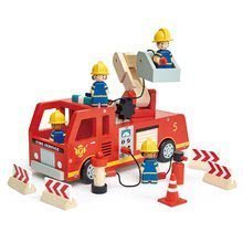 Mașina de pompieri din lemn Fire Engine Tender Leaf Toys scară-cabină mobilă, cu 4 pompieri și accesorii