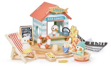 Stand de lemn cu gustări pe plajă Sandy´s Beach Hut Tender Leaf Toys cu șezlong și 3 figurine pescăruși de la 3 ani