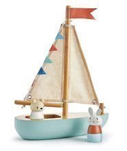 Barcă cu pânză din lemn Sailaway Boat Tender Leaf Toys cu două pânze și un iepuraș și ursuleț