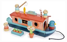 Drevená loďka Little Otter Canal Boat Tender Leaf Toys s 3 figúrkami vydier a 14 doplnkami