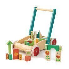 Premergător din lemn cu cuburi Baby Block Walker Tender Leaf Toys cărucior cu 29 de cuburi decorate cu imagini vopsite de la 18 luni