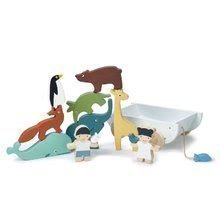 Fa kisfiú és kislány állatkákkal The Friend Ship Tender Leaf Toys kocsin, 12 darabos