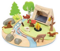 Tabără din lemn cu cort și foc de tabără Wildlife Camping Playset Tender Leaf Toys și figurine animăluțe de la 3 ani