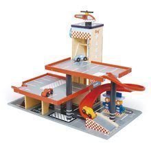 Dřevěná patrová garáž Blue Bird Service Station Tender Leaf Toys s 3 auty a helikoptérou