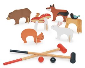 Set de croquet din lemn Woodland Indoor Croquet Set Tender Leaf Toys 2 ciocănele cu mingi și 6 porți în formă de animăluțe în săculeț textil de la 3 a