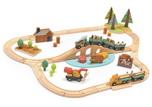 Dřevěná vláčkodráha v borovicovém lese Wild Pines Train set Tender Leaf Toys s vlakem a auty zvířátka s přírodou