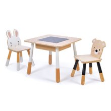 Mobilier din lemn pentru copii Forest table and Chairs Tender Leaf Toys masă cu spațiu de depozitare și cu două scăunele ursuleț și iepuraș