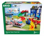 Drevená vláčikodráha so záchranárským tímom Rescue Team Train Set BRIO 38 dielov sanitka so zvukom a svetlom a policajné autíčko so stanicou a 3 figúr