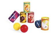 Hra pre deti plechovky Les Forest Tumbling Cans Janod 6 plechoviek a 2 loptičky