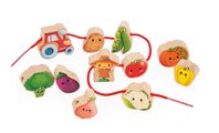 Drevená reťaz prevliekačka Zelenina Vegetable Garden Threading Beads Janod 11 drevených dielikov a 2 šnúrky od 24 mes