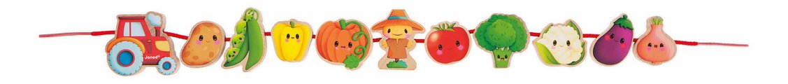 Drevená reťaz prevliekačka Zelenina Vegetable Garden Threading Beads Janod 11 drevených dielikov a 2 šnúrky od 24 mes