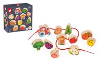 Drevená reťaz prevliekačka Zelenina Vegetable Garden Threading Beads Janod 11 drevených dielikov a 2 šnúrky od 24 mes