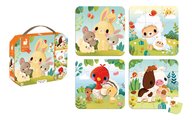 Puzzle v kufríku 4v1 Zvieratká z farmy Farm Animals Evolving Puzzles Janod 6-9-12-16 dielov od 24 mes