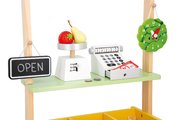 Drevený obchod Farm Market Merchant Janod s pokladňou váhou ovocím a zeleninou
