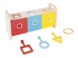 Drevená hračka na vkladanie a triedenie Montessori Shape Sorter Box Essentiel Janod s kľúčmi od 18 mes J05065