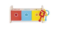 Drevená hračka na vkladanie a triedenie Montessori Shape Sorter Box Essentiel Janod s kľúčmi od 18 mes J05065