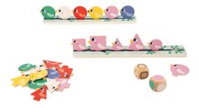Vzdelávacia hra triedenie Vtáčiky Birds Sorting Shapes Sizes nad Colours Janod 72 drevených vtáčikov od 24 mes J05089