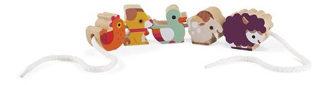 Drevená reťaz prevliekačka Farma Stringable Farm Theme Beads Janod 11 drevených dielikov a 2 šnúrky od 24 mes J05315