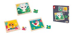Drevené puzzle pre najmenších Trio Zvieratká Janod s predlohou 27 dielov od 18 mes J07113