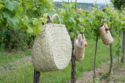 Set 2 coșuri din paie Kbas cu mânere din piele roz