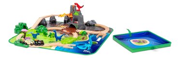 Drevená vláčikodráha s dinosaurami Dinosaur Deluxe Set BRIO sopka so zvukom a svetlom a vláčik s 8 figúrkami 45 dielov