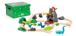 Drevená vláčikodráha s dinosaurmi Dinosaur Deluxe Set BRIO sopka so zvukom a svetlom a vláčik s 8 figúrkami 45 dielov