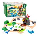 Drevená vláčikodráha s dinosaurmi Dinosaur Deluxe Set BRIO sopka so zvukom a svetlom a vláčik s 8 figúrkami 45 dielov