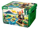 Drevená vláčikodráha s dinosaurmi Dinosaur Deluxe Set BRIO sopka so zvukom a svetlom a vláčik s 8 figúrkami 45 dielov