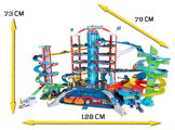 Garáž s 2 motorizovanými výťahmi a vláčikom Super City Garage Majorette 7 poschodová so zvukom a svetlom 6 autíčok  128*78*73 cm MJ2009003