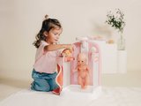Kúpeľňa s funkčnou sprchou pre bábiky Shower Soft Baby Nurse Smoby s osuškou odnímateľnou sprchovou hlavicou a náučna brožúrka