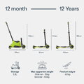 Odrážadlo a kolobežka 2v1 trojkolesová s LED kolesami Xtend Scooter Ride-on Lime smarTrike s vodiacou tyčou s nastaviteľnou výškou a úložným priestoro