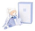 Plyšový medvedík s klipom na cumlík Ours Petit Chou Doudou Dummy Holder Doudou et Compagnie v darčekovom balení modrý 17 cm od 0 mes