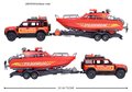 Autíčko hasičské s prívesom a loďou Land Rover Fire Rescue Majorette kovové so zvukom a svetlom dĺžka 33,5 cm