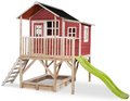 Domček cédrový na pilieroch Loft 550 Red Exit Toys veľký s vodeodolnou strechou pieskoviskom a 1,75 m šmykľavkou červený