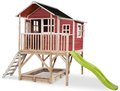 Domček cédrový na pilieroch Loft 550 Red Exit Toys veľký s vodeodolnou strechou pieskoviskom a 1,75 m šmykľavkou červený