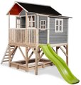 Domček cédrový na pilieroch Loft 550 Grey Exit Toys veľký s vodeodolnou strechou pieskoviskom a 1,75 m šmykľavkou sivý