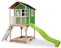 Domček cédrový na pilieroch Loft 700 Green Exit Toys s vodeodolnou strechou pieskoviskom a 2,28 m šmykľavkou zelený