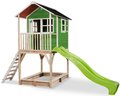 Domček cédrový na pilieroch Loft 700 Green Exit Toys s vodeodolnou strechou pieskoviskom a 2,28 m šmykľavkou zelený