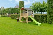 Domček cédrový na pilieroch Loft 750 Grey Exit Toys veľký s vodeodolnou strechou pieskoviskom a 2,28 m šmykľavkou sivý