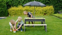 Pieskovisko cédrové stôl na vodu a piesok Aksent sand&water table Deluxe Exit Toys piknikové s 2 lavicami slnečníkom krytom a doplnkami